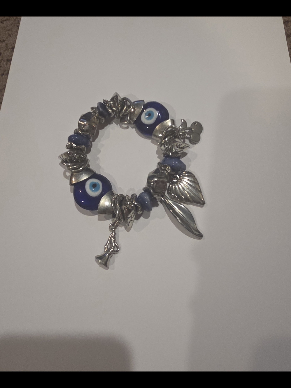 Blue Evil Eye Charm Stretch Bracelet with Silver Charms